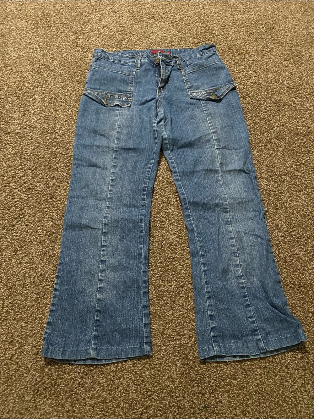 Classic Blue Wide-Leg Flare Jeans with Front Flap Pockets